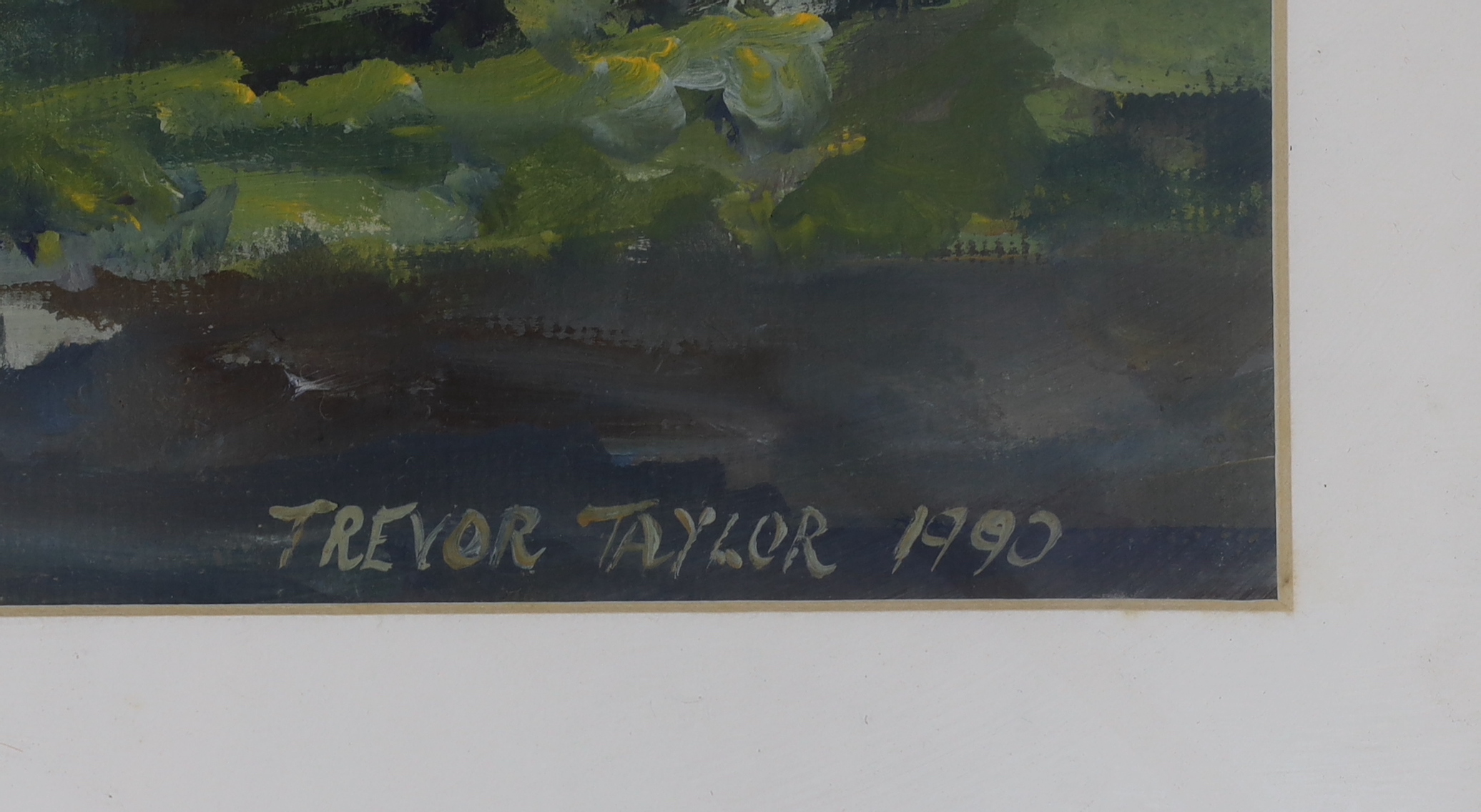 Trevor Taylor, oil on paper, Rural landscape with farm buildings, signed and dated 1990, 72 x 50cm
